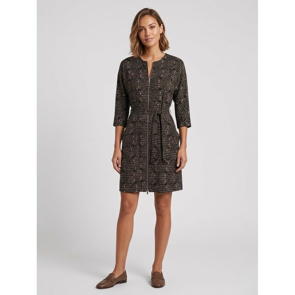 Theory Silk Morocco Print Zip Front Belted Sheath Dress Black Tan Size 4